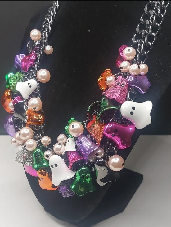 Betsey Johnson Halloween Colorful Ghosts Chunky Bib Statement Necklace - Picture 4 of 16